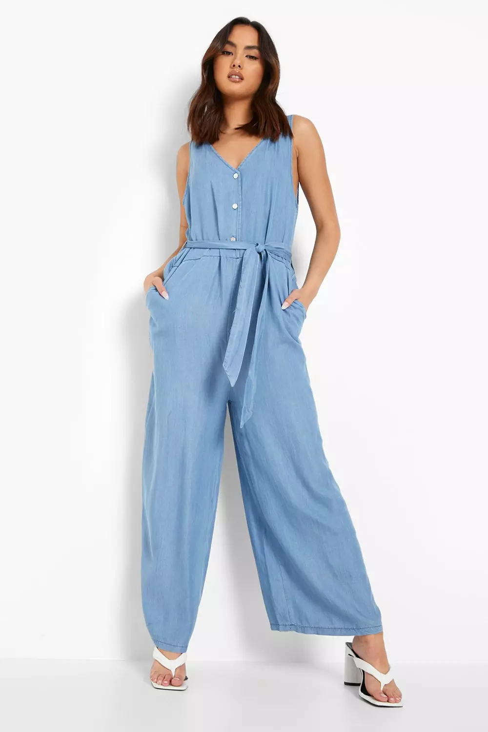 Tie waist store denim jumpsuit